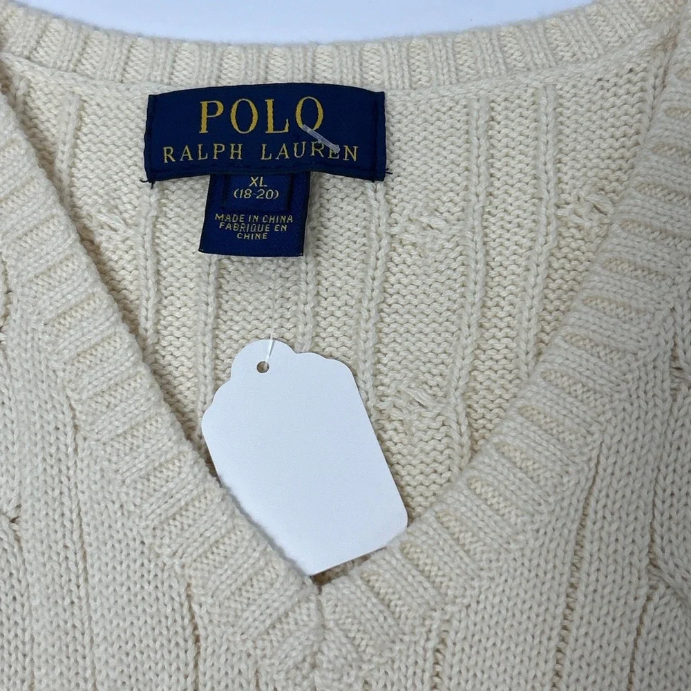 Polo Ralph Lauren Boys XL 18-20 Cream Cotton Cable Knit V-Neck Sweater Vest Kids